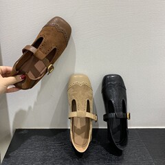 软底版~复古雕花方头浅口单鞋平底小皮鞋女小众设计法式玛丽珍鞋