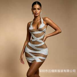 美式辣妹穿搭包臀闪钻挂脖深V迷你连衣裙夜总店酒吧舞台gogo礼服
