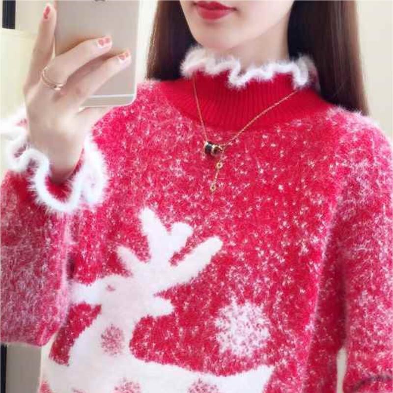 Red Christmas Sweater Women's Fall/Winter 2022 New Loose Outer Wear Mink Velvet Pullover Thickened Knitted Base Shirt Red Christmas Sweater Women's Fall/Winter 2022 New Loose Outer Wear Mink Velvet Pullover Thickened Knitted Base Shirt