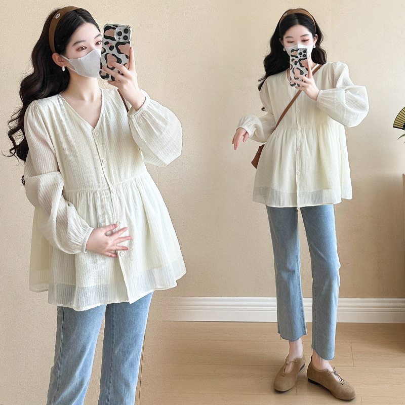 2025春夏服新型新工芸生地韓国版ファッションゆるい妊婦上着ミディアムシャツシフォンシャツ|undefined
