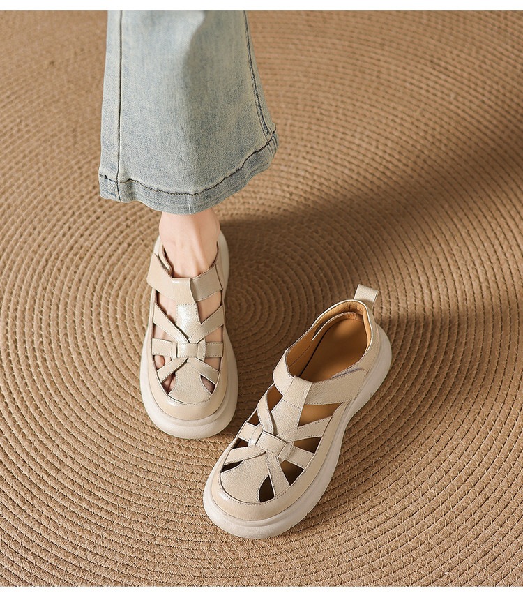 Sandal nữ đế dày da cừu phối quai ngang phong cách học đường — màu đen, màu trắng ngà chi tiết 20