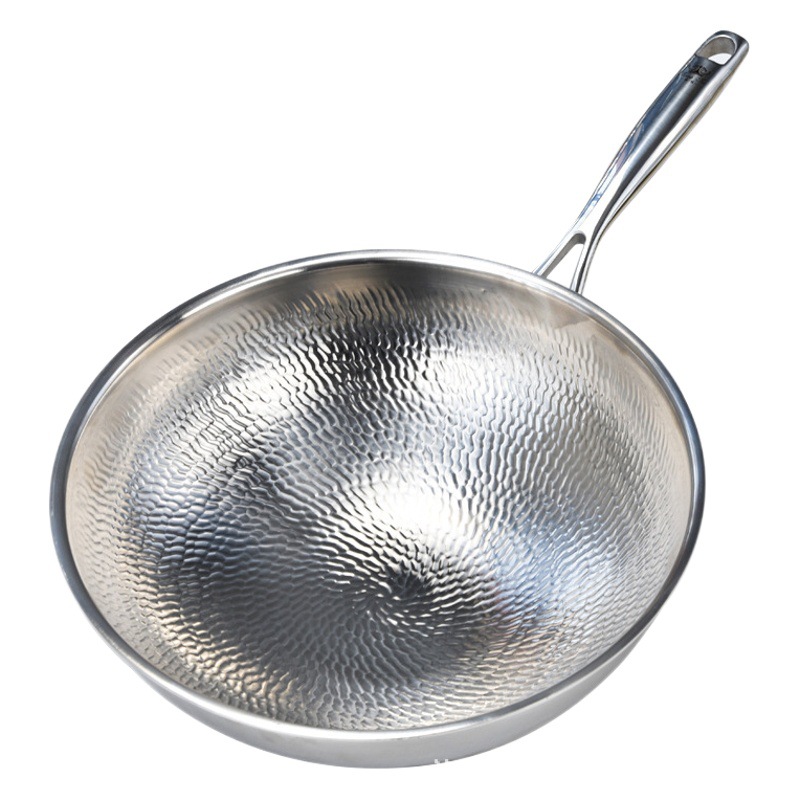 Wok Kangtai de titanio puro, fondo redondo, sin recubrimiento, sartén para cocinar sin aceite, sartén de fondo plano, sartén grande, sartén antiadherente, textura martillada a mano.