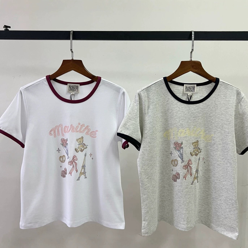   Marithe Women's Printed Piping T-Shirt American Fashion Color-Blocking Casual Fashion Short-Sleeved Top Women's Spring and Summer