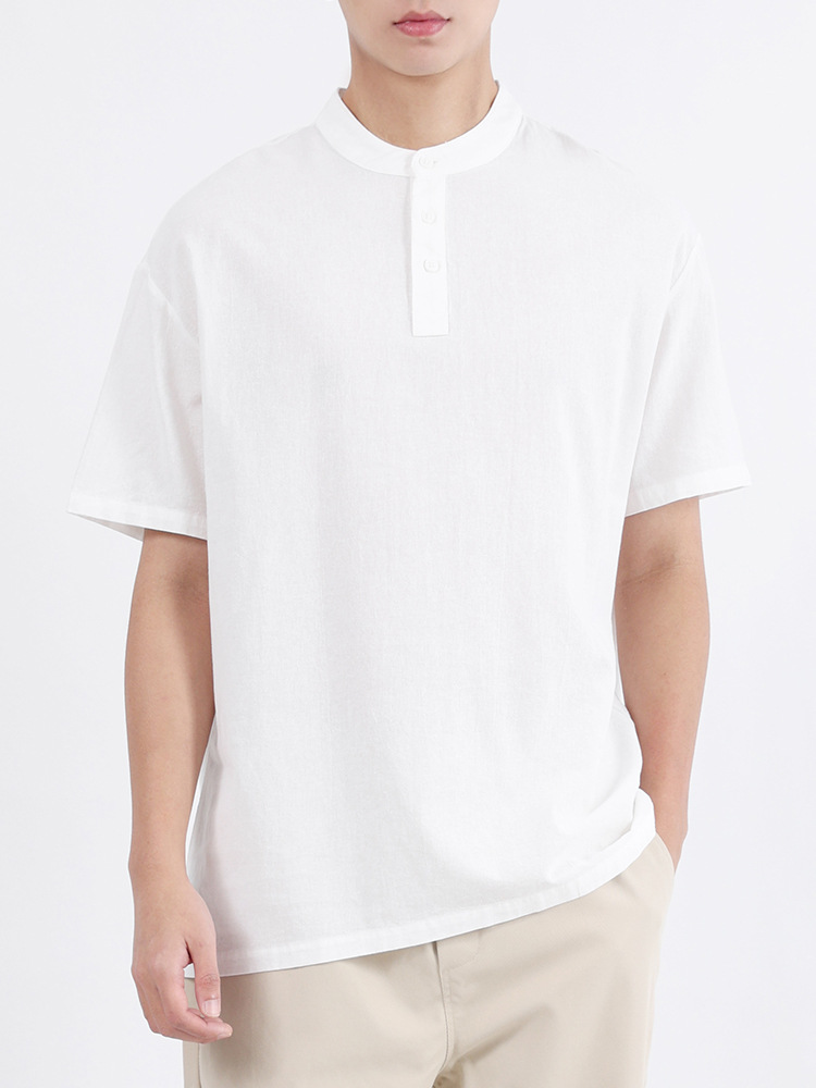 Nueva camiseta china de algodón masculino de alto nivel, camiseta de cuello Henry de manga corta, ropa casual, ropa de cuello superior, ropa para hombres