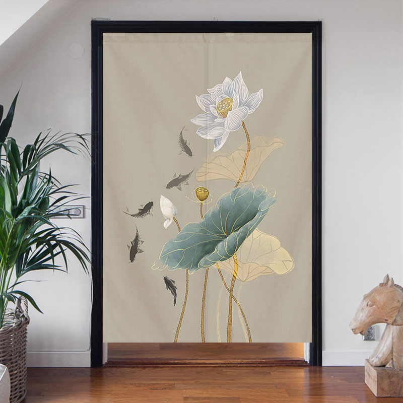 Door Curtain Half Curtain Chinese Style Punch-Free Partition Curtain Entrance Fabric Bedroom Bathroom Anti-Light Blocking Curtain