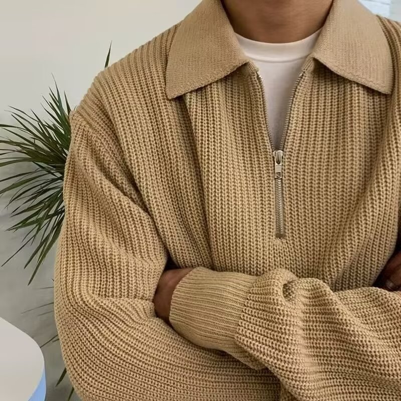 Japanese-Inspired Half-Zip Knit Sweater – Oversized Relaxed Pullover With Stand Collar (M-3XL, Beige/Gray/Black)_voghion.com
