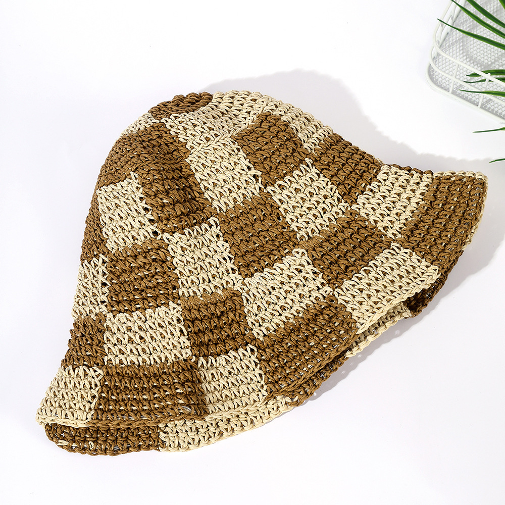 Sombrero de paja francés de verano a prueba de sol playa tablero de ajedrezado