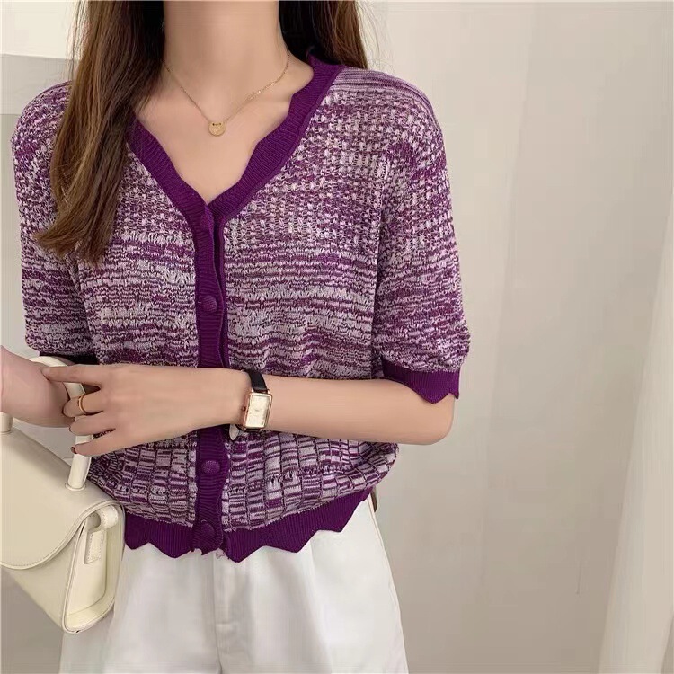 Fungus-Edged Knitted Sweater Women's Short Cross-Border Style Spring and Summer New Style Cut Out Slim Fit Purple Short-Sleeved Shirt 1845