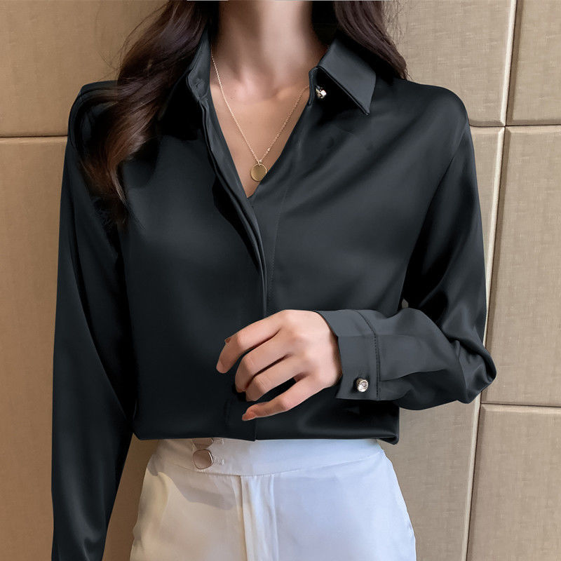 杭州のシルクのシャツの女性の長袖の春秋服の新型の绢糸の上着の白い職業は底のシャツの女性を詰めます。|undefined