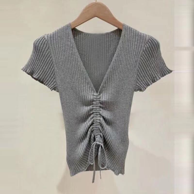 Spot special price 2021 spring and summer new v-neck ice silk sweater women's drawstring lace tight short top 12015