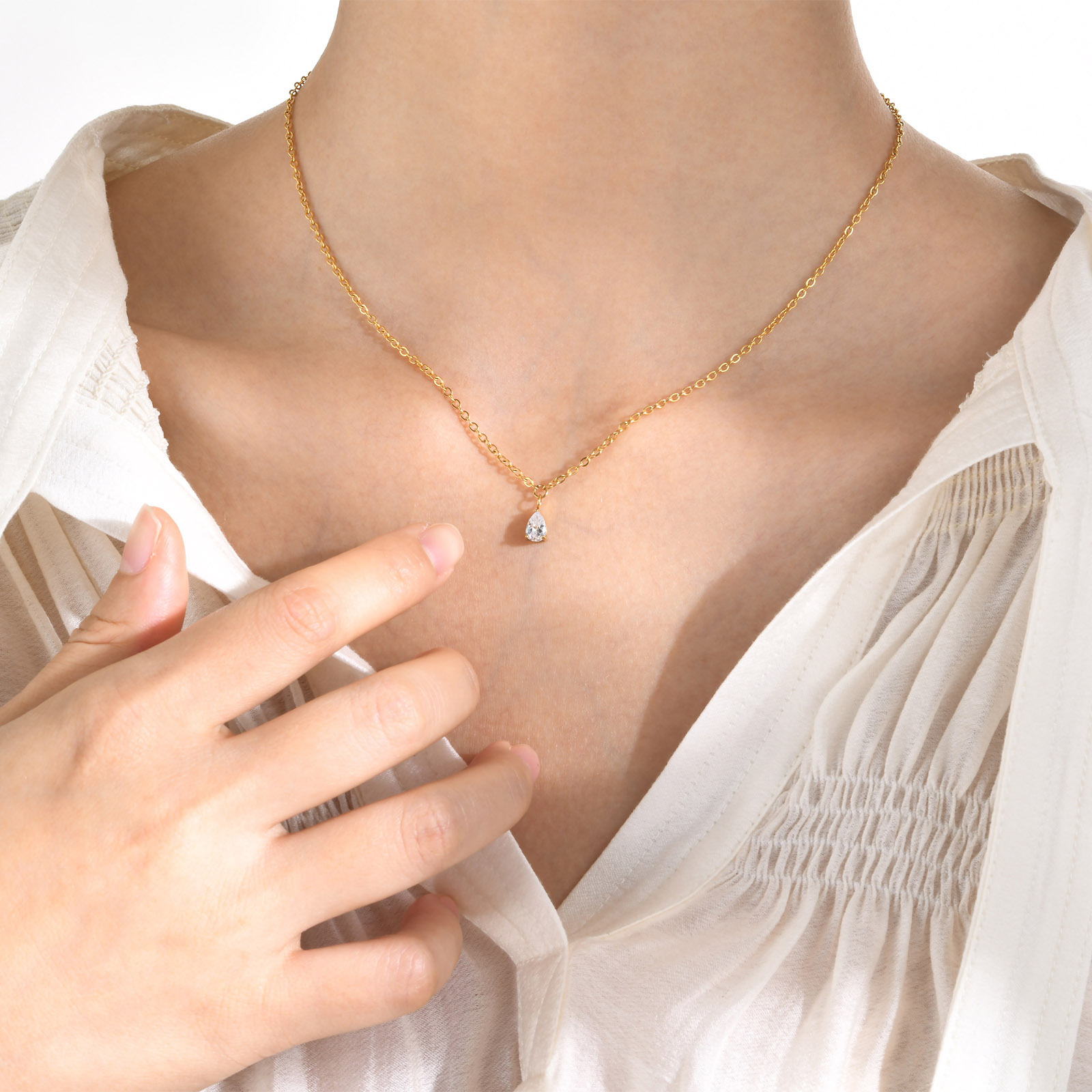 Lady Water Droplets Stainless Steel Plating Inlay Zircon Pendant Necklace_colorza_6