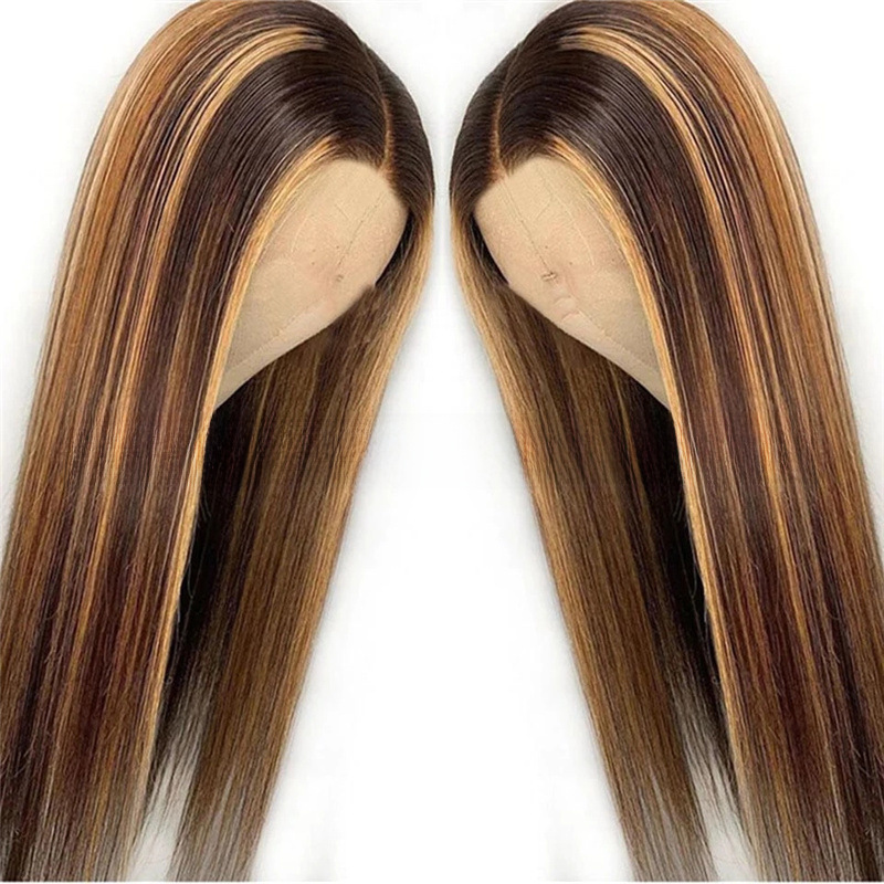 AliExpress New Wig Women's European and American Fashion Gradient Color Middle Highlight Long Straight Hair Brown Gold Chemical Fiber Headgear Women