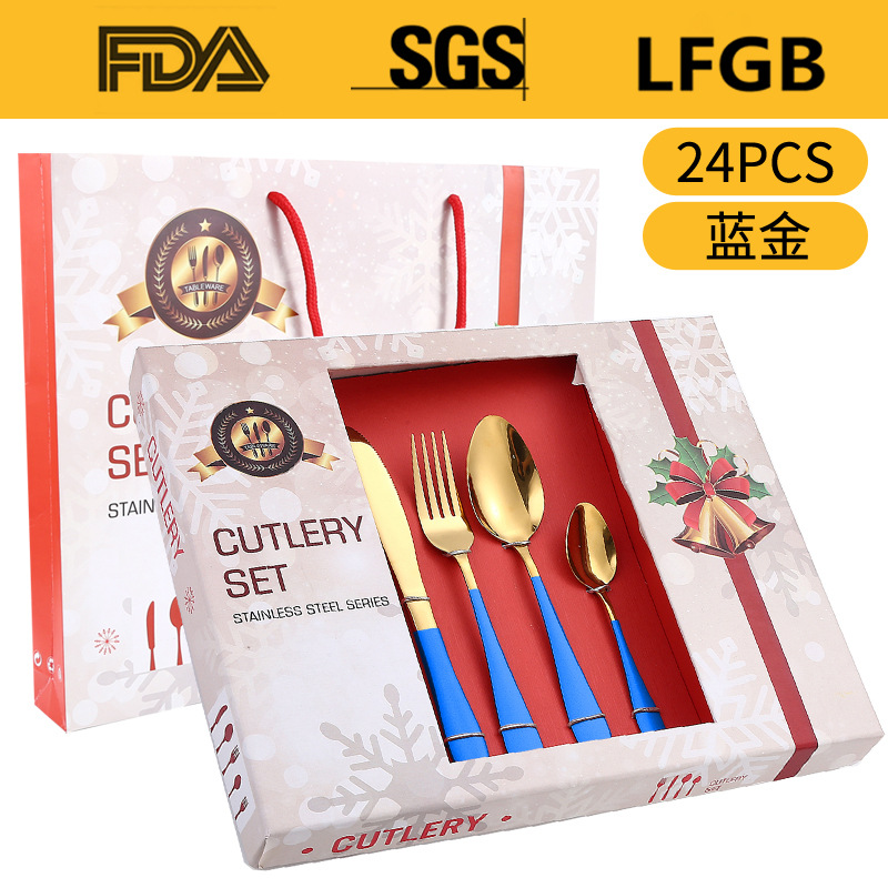 Amazon popular vajilla de acero inoxidable 24 piezas traje 1012 cuatro piezas principales cuchillo de comida occidental, tenedor y cuchara traje de caja de regalo de Navidad