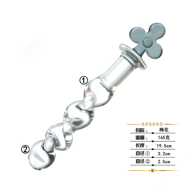 Glass Anal Plug with Poker Card Crystal Design, Bumps and Threads Texture, Transparent — detail image 4