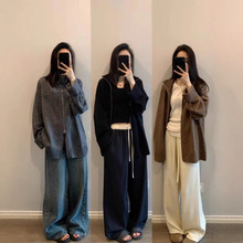 跨境新款秋冬高级感针织开衫女中长款毛衣宽松显瘦慵懒风上衣外套