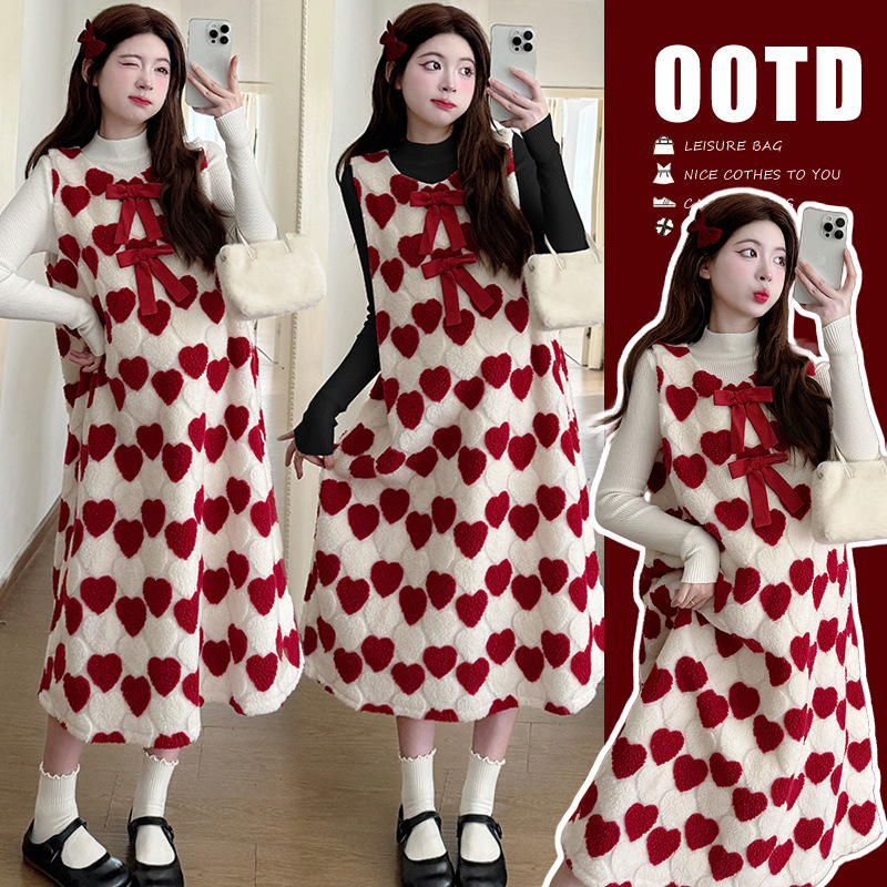 Pregnant Mom Wear Wear ~ Pregnant Women dress Autumn and Winter Wear Korean Sweet Love Lamb Wool Vest Dress Thickened Two-Piece Set Pregnant Mom Wear Wear ~ Pregnant Women dress Autumn and Winter Wear Korean Sweet Love Lamb Wool Vest Dress Thickened Two-Piece Set