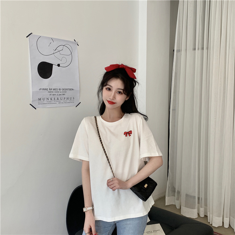 6152# bow printed white cotton short-sleeved shoulder T-shirt summer Korean jacket with jeans