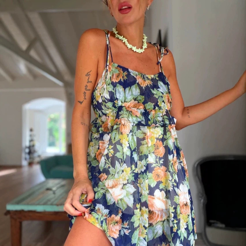 Bohemian Floral Print Spaghetti Strap Maxi Dress With Ruffle Hem, Relaxed Fit For Vacation & Daily Wear_ecoleips.com