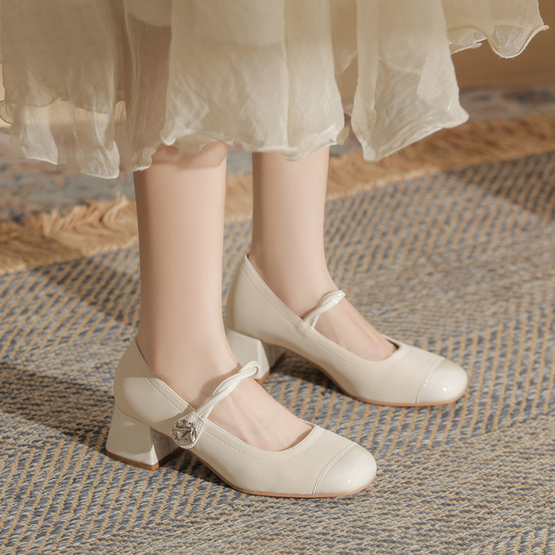 Jin Gang MY4513 Chunky Heel Mary Jane Women's Shoes 2024 New Spring and Autumn Leather Shoes High Heels Shallow Mouth Shoes Women
