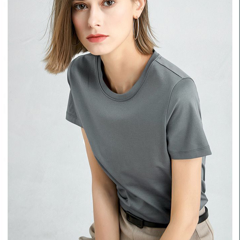 [walking volume boutique] cool feeling non-ironing mulberry silk T-shirt slim simple top versatile thin short sleeve V-neck cotton T