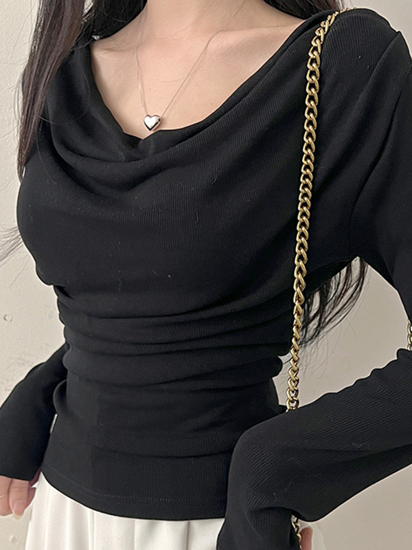 欧美甜美少女风纯色简约基础荡领长袖T恤跨境慵懒感休闲内搭上衣|undefined