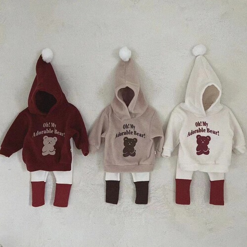 ins Korean style infant red velvet pointy hat Christmas and New Year clothes for boys and girls cute bear hooded sweatshirt