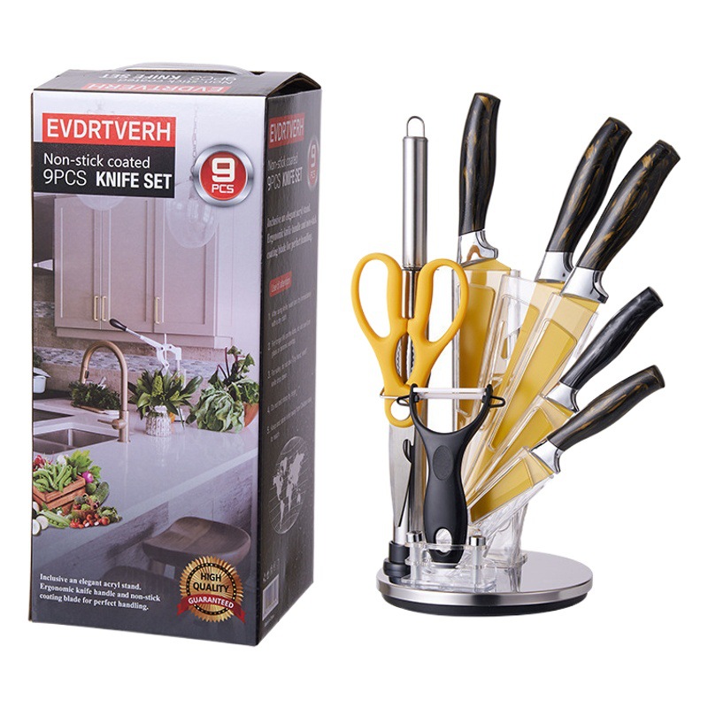 Fábrica de comercio exterior al por mayor de nueve piezas de asiento giratorio conjunto de cuchillos con soporte de cuchillo de acero inoxidable traje de cuchillo de cocina combinación de cuchillo