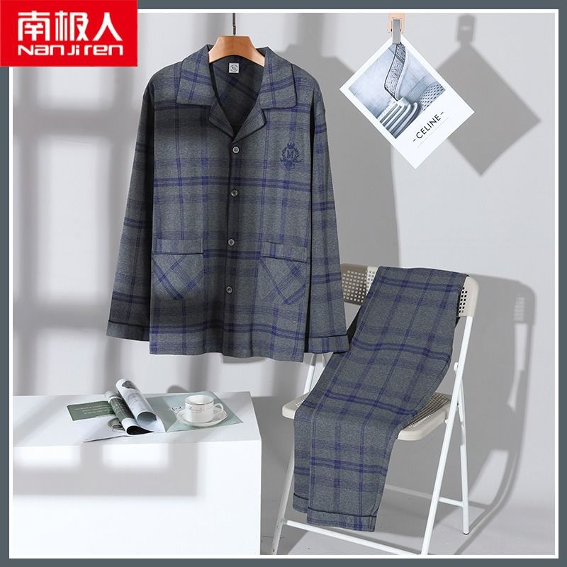 Pijamas de hombre primavera y otoño 100% algodón manga larga más tamaño fino Otoño e Invierno traje de desgaste para el hogar