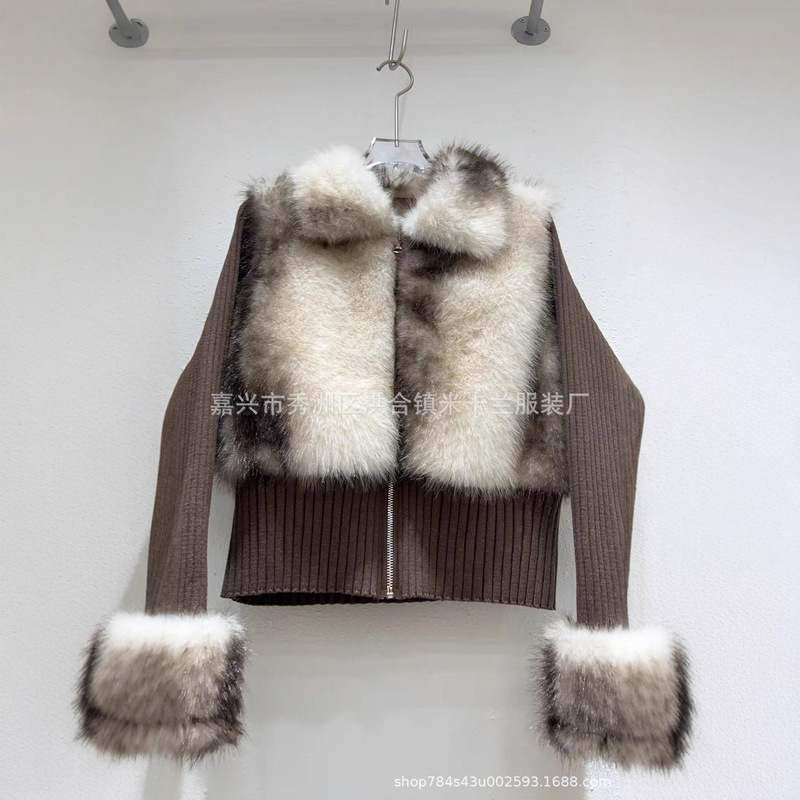 High-Quality Long Thickened Fur Collar New Knit Cardigan Eco-Friendly Plush Zipper Fur Top Coat Knit Sweater for Women