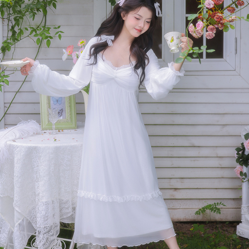 Modal Mesh Puff Sleeves with Chest Pads and Twist Design Princess Nightgown, Long Lace Splicing, Lazy Style