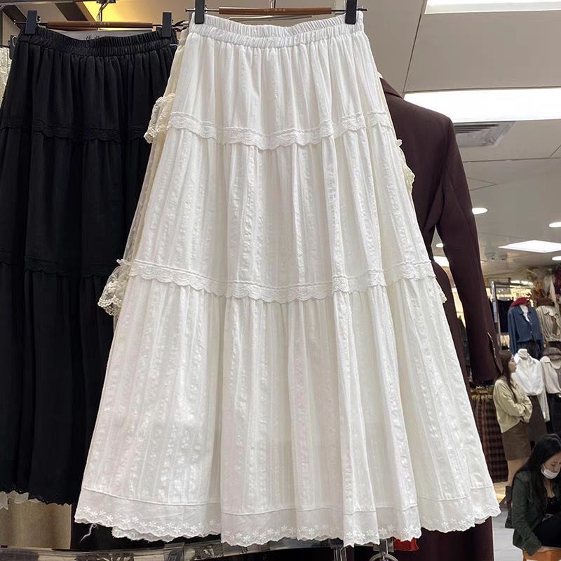 Cake Layer Embroider Lace Splicing Skirt for Women 2025 Early Spring New French Niche A-Line White Long Skirt
