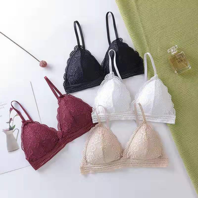 섹시한 레이스 프렌치 삼각컵 노와이어 브라, 큰 가슴을 작아 보이게 하는 삼각컵 V자형 얇은 브라, 아름다운 등 라인 브라