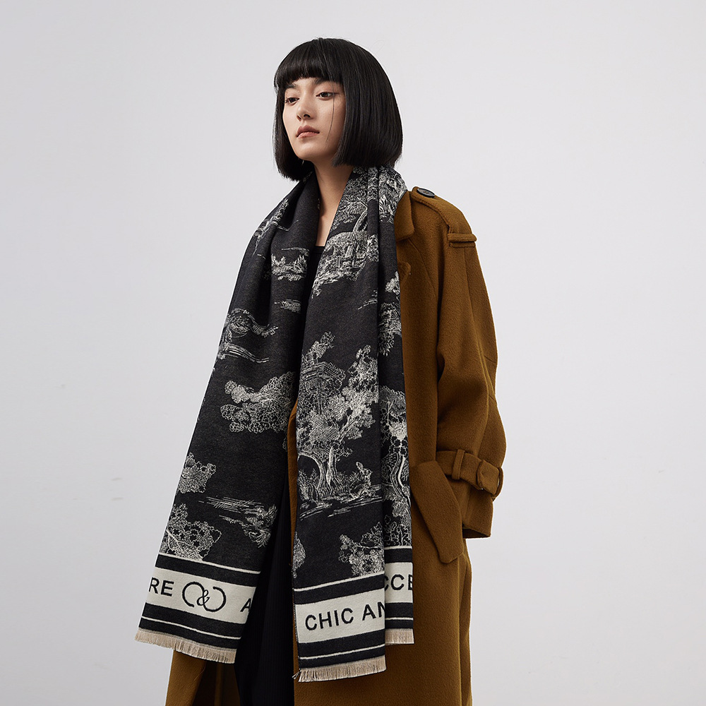 Jacquard Landscape Painting Cashmere Scarf For Women's Office Air-conditioned Room Thick And Warm Long Trendy Scarf_voghion.com