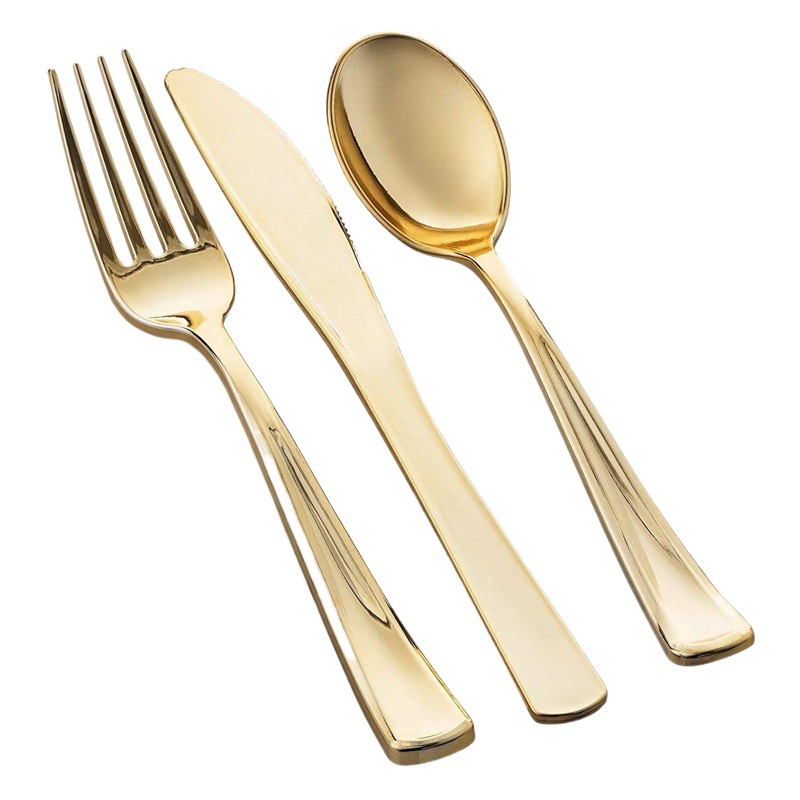 Cuchillo plástico, tenedor y cuchara para el restaurante occidental Cuchillo plástico plateado oro disponible, tenedor y cuchara