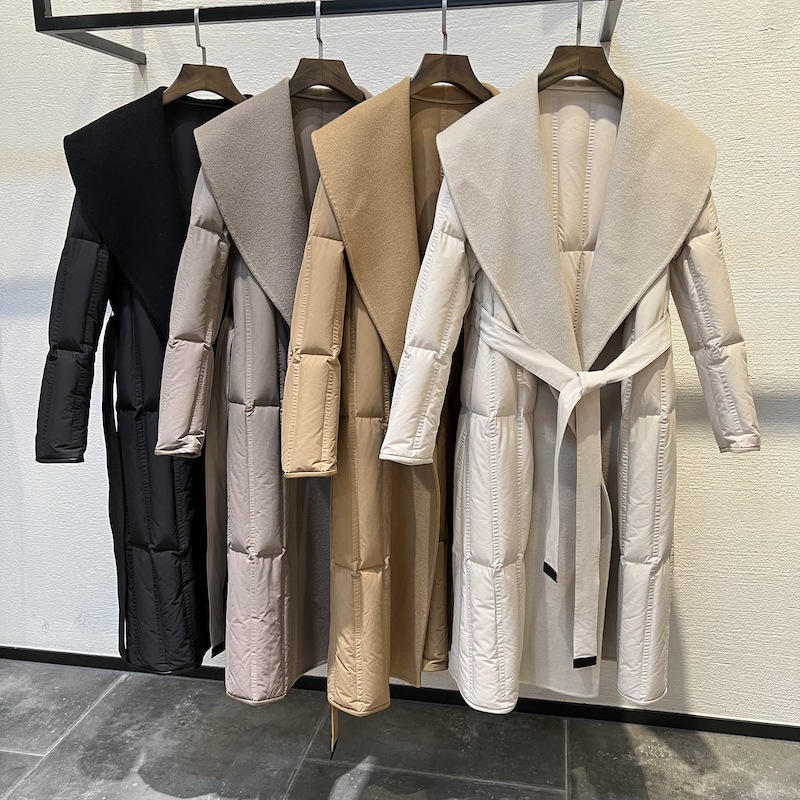 双面羊绒拼接白鹅绒羽绒服女显瘦系带大衣2025冬长袖中长款外套潮