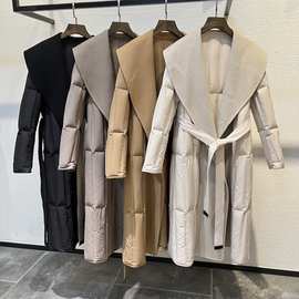 双面羊绒拼接白鹅绒羽绒服女显瘦系带大衣2025冬长袖中长款外套潮