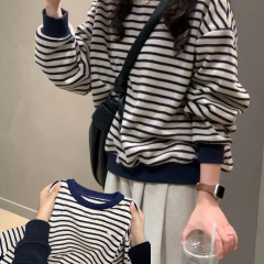 韩系复古条纹圆领卫衣女秋装2025新款宽松设计感休闲毛衣针织上衣