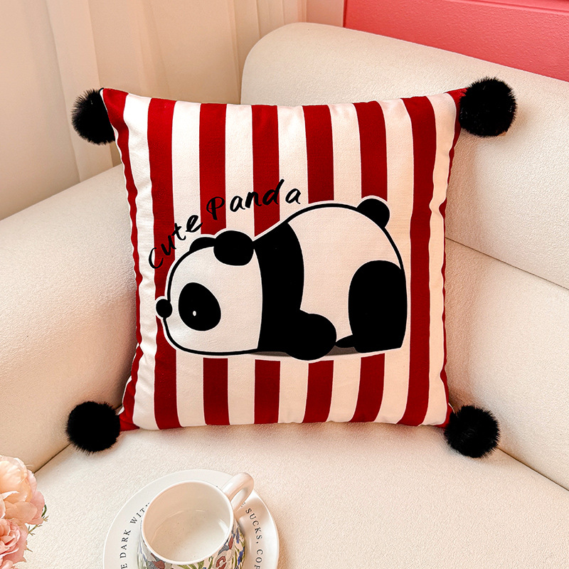 Almohada con estampado de panda de tira vertical, funda de almohada, sofá de sala de estar, almohada de cintura abstracta con estampado de cabecera, bola de pelo