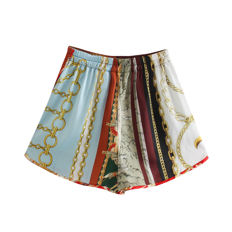 2025 Export Cross-Border European and American Clothing New Elastic Waist Printed Patchwork Shorts for Women 1054