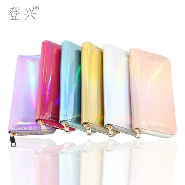 Cross-Border Exclusive Laser Solid Color Pu Printed Long Zipper Wallet Card Holder in Stock Manufacturer Wholesale Dengxing