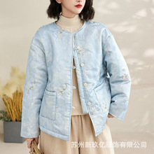 202冬季新款新中式复古立领棉衣女刺绣夹棉保暖宽松外套上衣