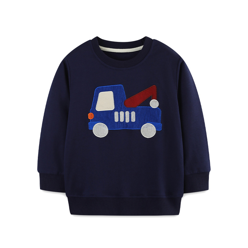 Sudadera de estilo europeo y americano para niños, modelo nuevo otoño 2026, sudadera de manga larga para niños pequeños con estampado de coches, disponible al por mayor.
