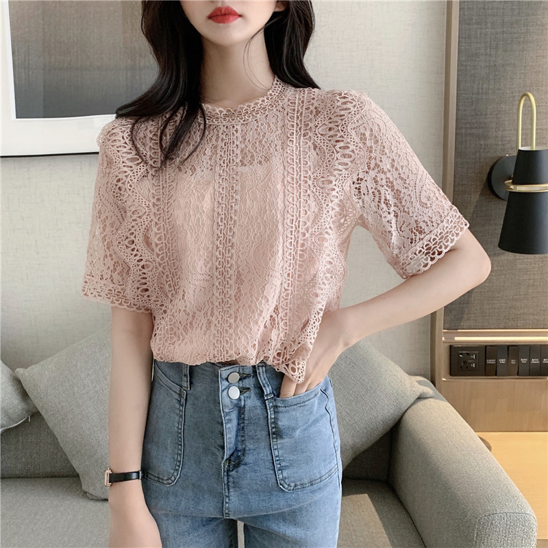 Women's Summer New Lace Short-sleeved Solid Color Round Neck Crochet Hollow Loose All-match Western Style Shirt for Women and Women