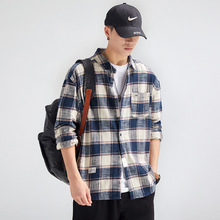 日系复古格子衬衫秋冬新款男士休闲衬衣美式宽松百搭