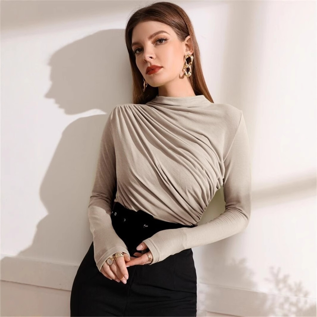 아마존 유럽과 미국 국경 가을과 겨울 AliExpress 소형 하이 칼라 디자인 주름 조커 긴 소매 티셔츠 탑