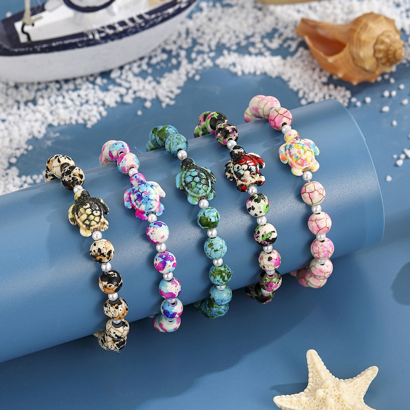 Cross-Border Popular Synthetic Turquoise Turtle Bracelet Bohemian Beach Vacation Elastic Bracelet Manufacturer for Men and Women Couples