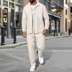 2025跨境男秋季华夫格纯色拉链门襟口袋翻领修身开衫男士夹克套装