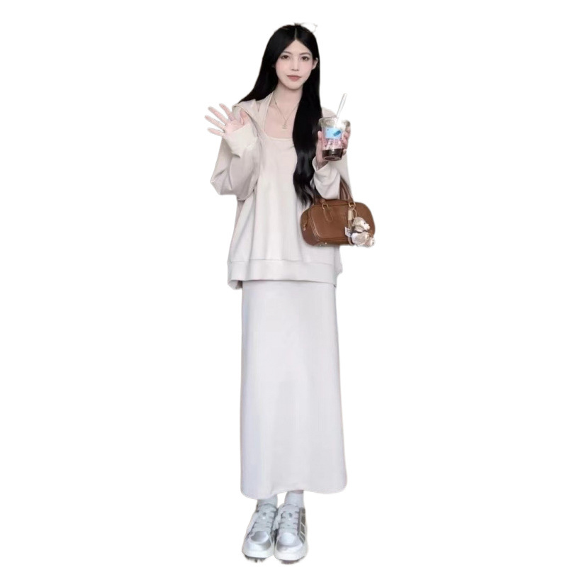 (2개) 마츠모토 장례식 단색 스웨트 셔츠 원피스 오버랩 탑 풀오버 절묘한 슬림 가을 고기 커버 스커트 인 스타일