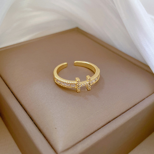 [Real Gold] Full Diamond H Wedding Ring Ring Opening Adjustable Simple Hand Jewelry Japanese Ring Couple Ring