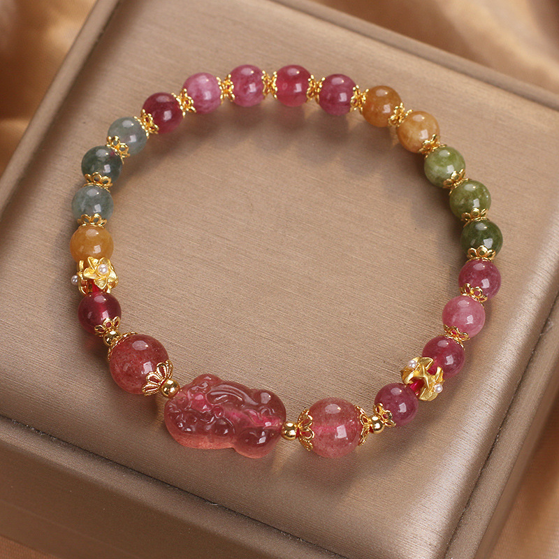 Natural Rainbow Candy Color Tourmaline Bracelet Women's Strawberry Crystal Peach Blossom Crystal Bracelet for Girlfriend Gift Natural Rainbow Candy Color Tourmaline Bracelet Women's Strawberry Crystal Peach Blossom Crystal Bracelet for Girlfriend Gift
